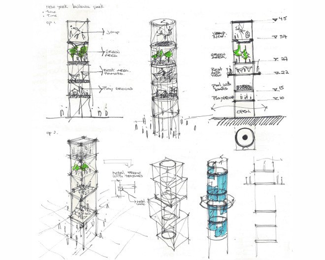 Vertical Tower by 100 Architects, times square park, times square park proposal, times square vertical tower, vertical park in times square