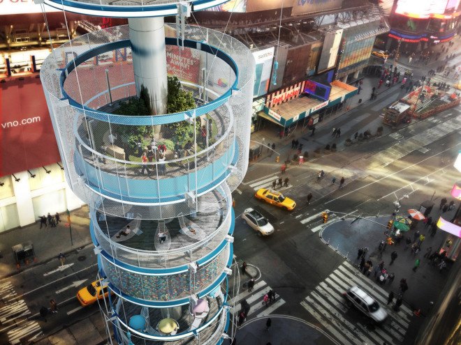 Vertical Tower by 100 Architects, times square park, times square park proposal, times square vertical tower, vertical park in times square