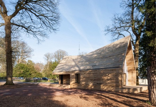 Wolfson Tree Management Center and Mess Building, The National Arboretum, Invisible Studio Architects, BuroHappold, timber structure, locally sourced timber, polycarbonate panels, natural light, pitched roof