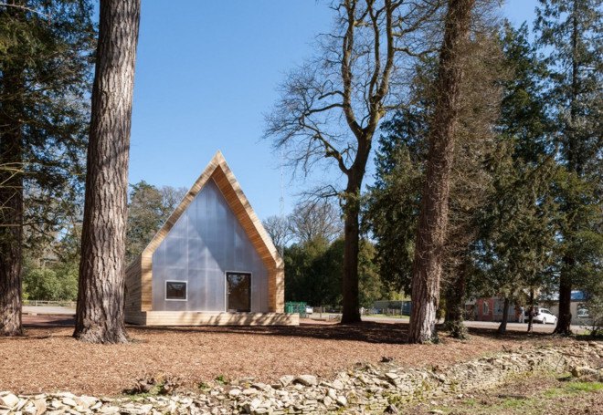 Wolfson Tree Management Center and Mess Building, The National Arboretum, Invisible Studio Architects, BuroHappold, timber structure, locally sourced timber, polycarbonate panels, natural light, pitched roof