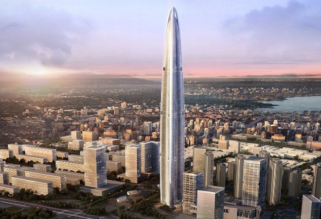 Wuhan Greenland Center, green tower, glass tower, China, world's tallest building, supertall buildings, Adrian Smith + Gordon Gill Architecture, glass facade glass tower, mixed use buildings, greywater reuse, energy-efficient lighting