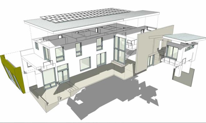 axonometric drawing, solar panels, Culver city hill house, studio nova, home depot, sustainable house, net-zero energy, culver city, architecture, green building, natural lighting, natural ventilation, solar power, stuart magruder