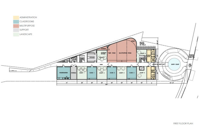 203 Cotter Street Farm Schoo, first floor plan, Natoma Architects, blueprint, Stanley Saitowitz, Saitowitz architects, plan drawing, green school, eco school, farm school, waldorf farm school, san francisco farm school
