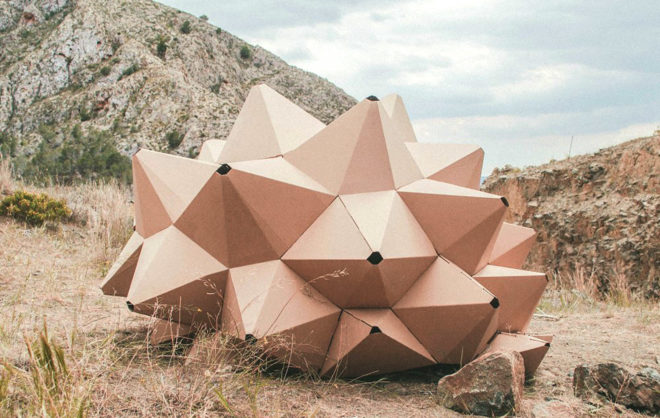 Helix shelter, ootro estudio, cardboard shelter, temporary shelter, Spain, laser-cut, recycled pallets, recycled cardboard, green architecture, recycled materials