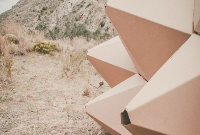 Helix shelter, ootro estudio, cardboard shelter, temporary shelter, Spain, laser-cut, recycled pallets, recycled cardboard, green architecture, recycled materials