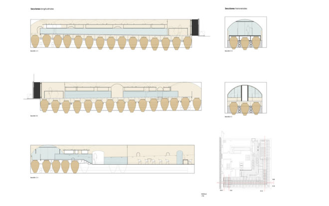 INMAT Arquitectura, wine cellar, green conversion, Spain, gallery space, wine cellar, glass walkways, glass ramp, green architecture, terracotta, landmark building