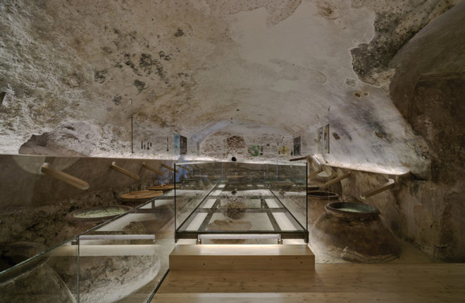 INMAT Arquitectura, wine cellar, green conversion, Spain, gallery space, wine cellar, glass walkways, glass ramp, green architecture, terracotta, landmark building