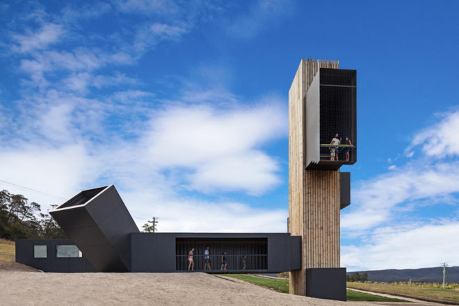 repurposed shipping containers, shipping container architecture, Tasmania lookout tower, Devil’s Corner Cellar Door by Cumulus Studio, Devil’s Corner Cellar Door Tasmania, Devil’s Corner Cellar Door architecture, Devil’s Corner Cellar Door Brown Brothers