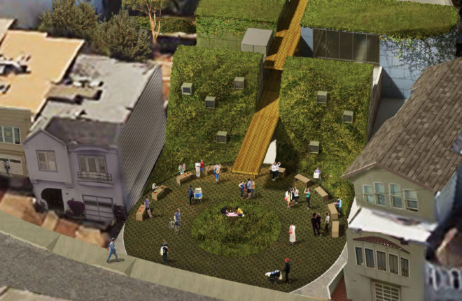 Golden Bridges Farm School front entrance, green roof, living roof, Natoma architects, Stanley Saitowitz, Golden Bridge, school with a green roof, living roof school, eco school, green school, environmental school, waldorf school, San Francisco farm school