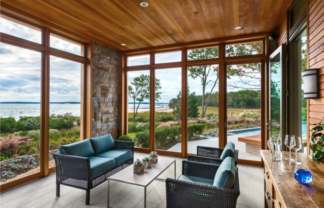 Mashomuck house, green roof, luxury villa, timber facade, floor-to-ceiling glass, Blaze Makoid Architecture, green architecture, sliding panels, native plants