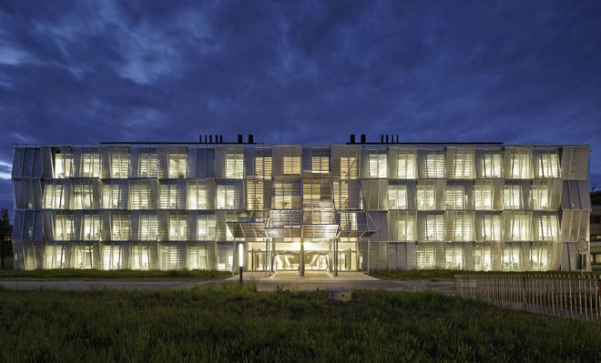 New Mechanics Hall - ME, green campus, research center, Switzerland, Dominique Perrault Architecture, Steiner SA Group, automated facade, mesh facade, metal panels, modular architecture, thermal insulation