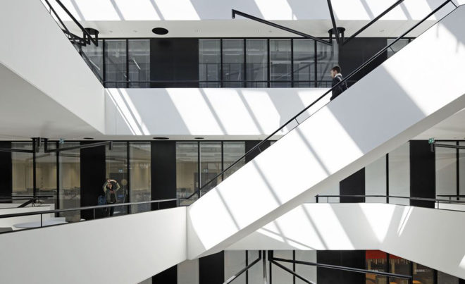 New Mechanics Hall - ME, green campus, research center, Switzerland, Dominique Perrault Architecture, Steiner SA Group, automated facade, mesh facade, metal panels, modular architecture, thermal insulation