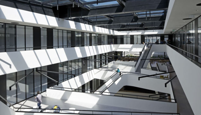 New Mechanics Hall - ME, green campus, research center, Switzerland, Dominique Perrault Architecture, Steiner SA Group, automated facade, mesh facade, metal panels, modular architecture, thermal insulation