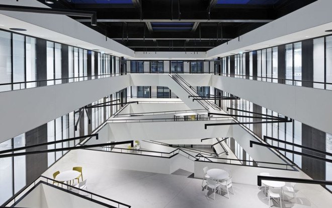 New Mechanics Hall - ME, green campus, research center, Switzerland, Dominique Perrault Architecture, Steiner SA Group, automated facade, mesh facade, metal panels, modular architecture, thermal insulation