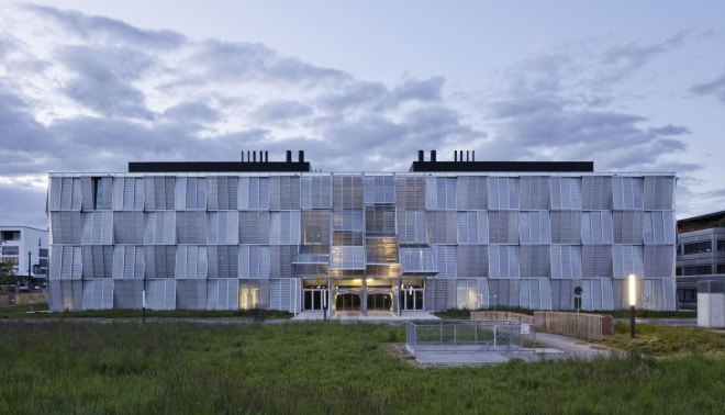 New Mechanics Hall - ME, green campus, research center, Switzerland, Dominique Perrault Architecture, Steiner SA Group, automated facade, mesh facade, metal panels, modular architecture, thermal insulation