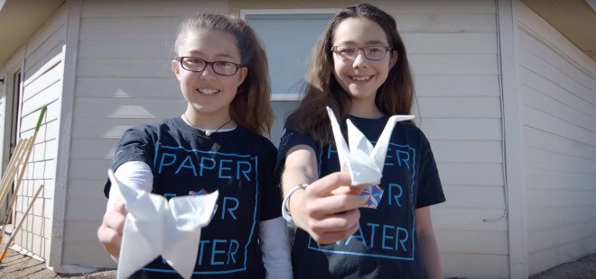 Paper For Water, clean water, developing countries, origami, sisters, kids, non-profit, water, well, Katherine Adams, Isabelle Adams