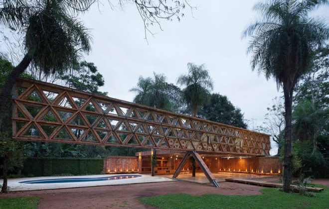 Quincho Tía Coral pavilion, Gabinete de Arquitectura, pavilion, Paraguay, brick, steel, multi-purpose space, lattice canopy, canopy, green architecture