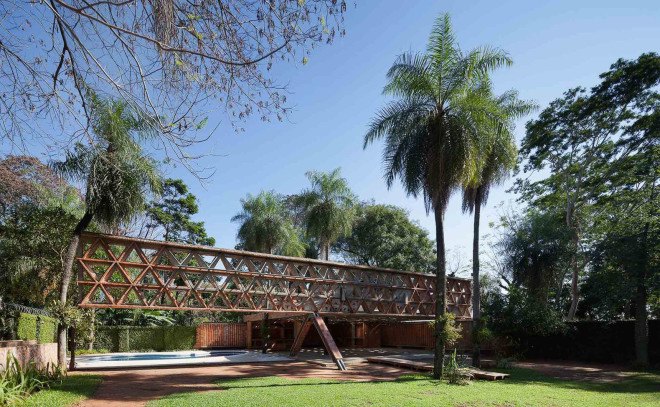 Quincho Tía Coral pavilion, Gabinete de Arquitectura, pavilion, Paraguay, brick, steel, multi-purpose space, lattice canopy, canopy, green architecture