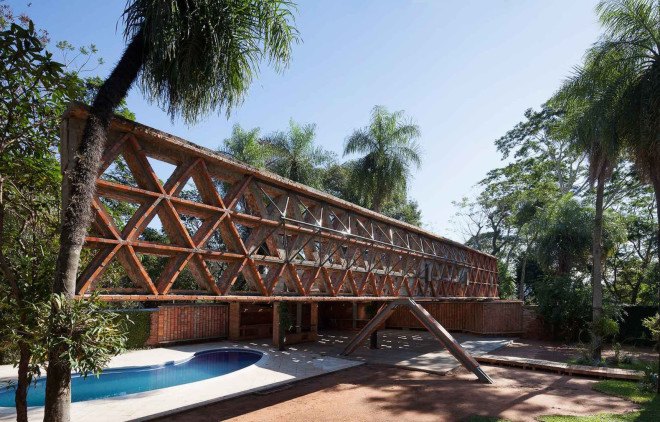 Quincho Tía Coral pavilion, Gabinete de Arquitectura, pavilion, Paraguay, brick, steel, multi-purpose space, lattice canopy, canopy, green architecture