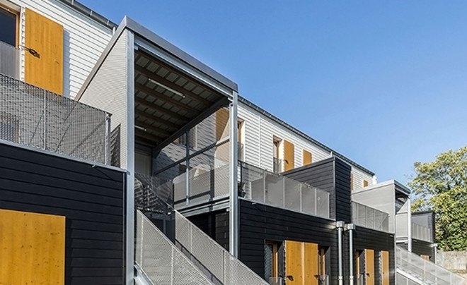 Rive-De-Gier eco-neighborhood, prefab, social housing, France, 5D process, dry construction, 3D modules,Tectoniques Architectes, green development, eco-neighborhood