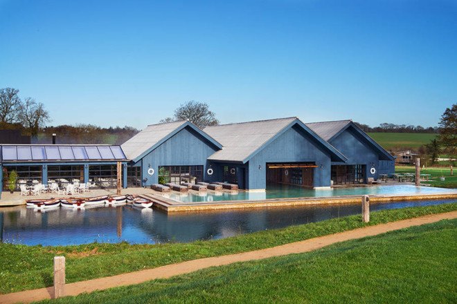 Michaelis Boyd, Soho House, Soho Farmhouse, England, countryside retreat, green retreat, London, private club, green architecture, infinity pool, communal spaces, mezzanine, sauna, kids playground, cabins