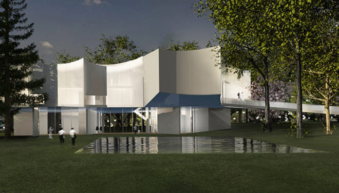 steven holl architects, Franklin & Marshall College, pennsylvania, visual arts center, college campus, reflecting pool, curved walls, academic buildings, trees