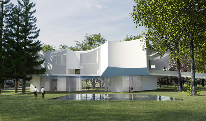 steven holl architects, Franklin & Marshall College, pennsylvania, visual arts center, college campus, reflecting pool, curved walls, academic buildings, trees