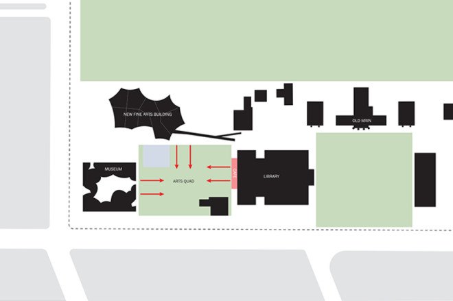 steven holl architects, Franklin & Marshall College, pennsylvania, visual arts center, college campus, reflecting pool, curved walls, academic buildings, trees