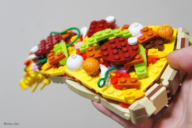 Tary, LEGO food, LEGO junk food, LEGO tempura, LEGO pizza, melted cheese pizza, mouthwatering sculptures