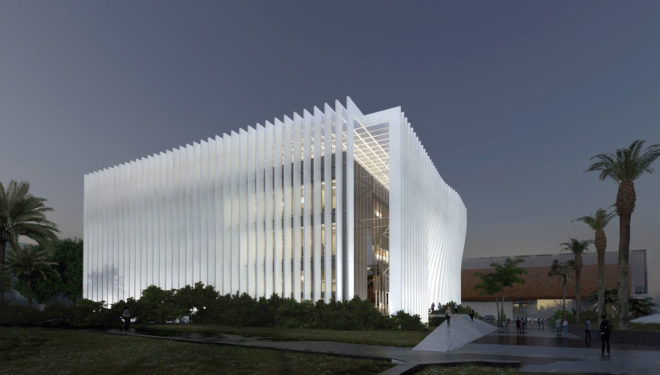 Atelier d’Architecture Michel Remon, research center, exoskeleton, Nanoscience and Nanotechnology Center, Tel Aviv, solar-powered building, solar power, natural ventilation, aluminium facade, natural cooling, solar panels, green architecture