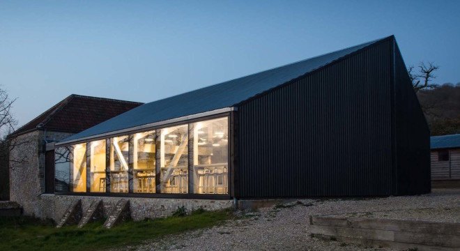 River Cottage Cooker School architecture, River Cottage Cooker School by Satellite Architects, renovated farm building, sustainability at River Cottage,
