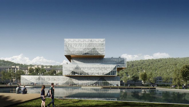 Schmidt Hammer Lassen Architects, student center, library, green university campus, China, bamboo, vernacular architecture, green architecture, frit pattern, glass facade