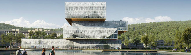 Schmidt Hammer Lassen Architects, student center, library, green university campus, China, bamboo, vernacular architecture, green architecture, frit pattern, glass facade