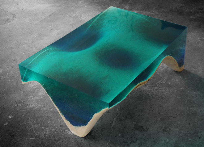 delMare table by Eduard Locota, acrylic glass table, ocean inspired table, tables that look like the sea, tables look like the ocean