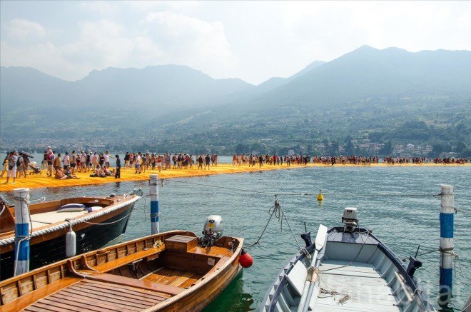 The Floating Piers, Christo, land art, art installation, italy, Lake Iseo, yellow, bridge, temporary installaion