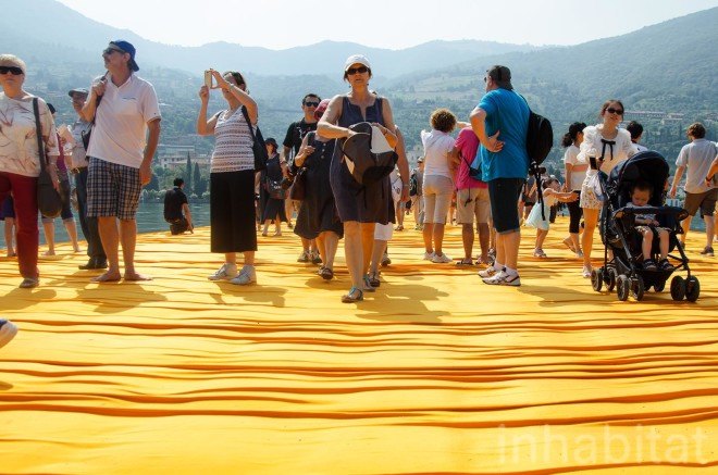The Floating Piers, Christo, land art, art installation, italy, Lake Iseo, yellow, bridge, temporary installaion