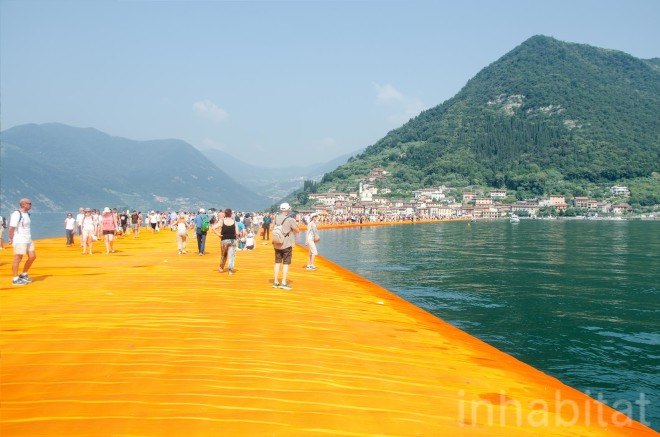 The Floating Piers, Christo, land art, art installation, italy, Lake Iseo, yellow, bridge, temporary installaion