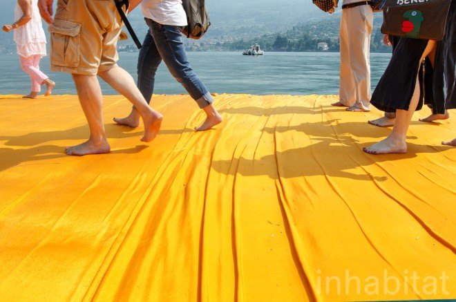The Floating Piers, Christo, land art, art installation, italy, Lake Iseo, yellow, bridge, temporary installaion