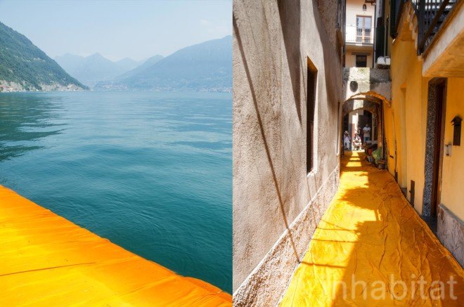 The Floating Piers, Christo, land art, art installation, italy, Lake Iseo, yellow, bridge, temporary installaion