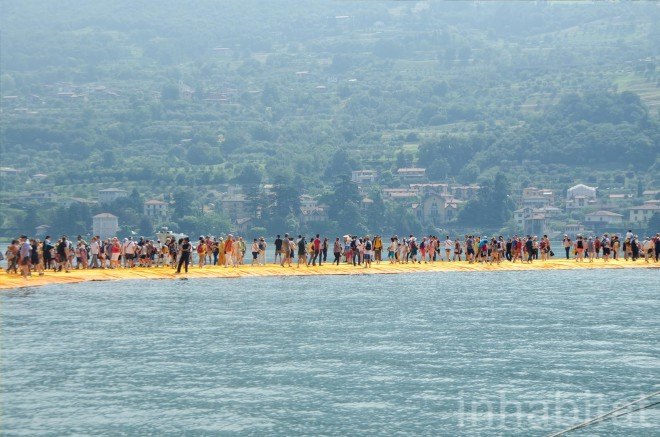 The Floating Piers, Christo, land art, art installation, italy, Lake Iseo, yellow, bridge, temporary installaion