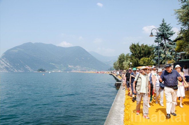 The Floating Piers, Christo, land art, art installation, italy, Lake Iseo, yellow, bridge, temporary installaion