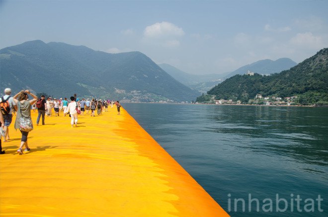 The Floating Piers, Christo, land art, art installation, italy, Lake Iseo, yellow, bridge, temporary installaion