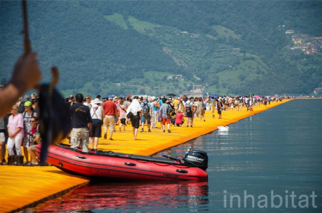 The Floating Piers, Christo, land art, art installation, italy, Lake Iseo, yellow, bridge, temporary installaion