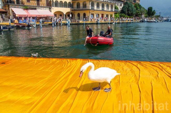 The Floating Piers, Christo, land art, art installation, italy, Lake Iseo, yellow, bridge, temporary installaion