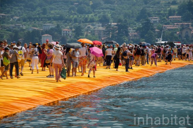 The Floating Piers, Christo, land art, art installation, italy, Lake Iseo, yellow, bridge, temporary installaion