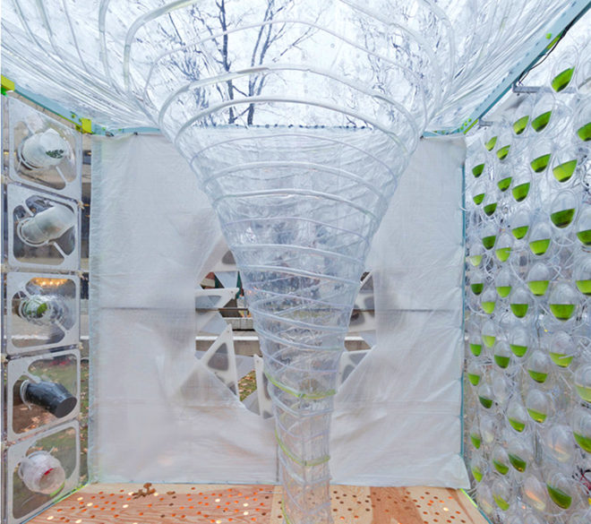 Algaevator by Selgascano, Algaevator by Jie Zhang and Tyler Stevermer, Jie Zhang and Tyler Stevermer, Algaevator BoTT Lab Pavilion, algae photobioreactor pavilion