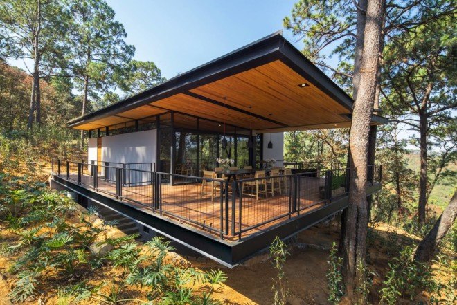 Broissin, green-roofed home, woodland home, Irekua Anatani house, Mexico, cantilevered deck, outdoor pool, open-plan home