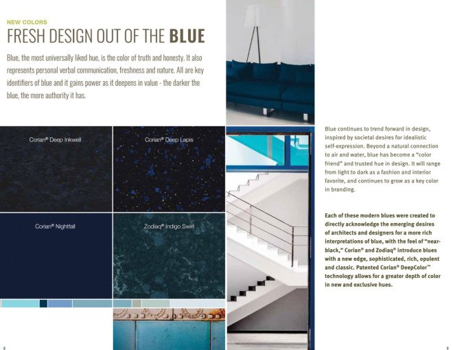 color trends, colortrends, blue, navy blue, blue counter top, blue corian, blue zodiaq, blue counter surface, dupont colortrends, corian, zodiaq, countertop colortrends, countertop colors, kitchen design, interior design