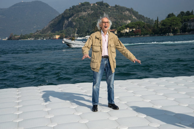 Floating Piers, floating walkway, floating docks, Christo, Jeanne-Claude, art installation, art, art project, project, Italy, Lake Iseo, fabric, yellow fabric, cubes, poly-ethylene cubes, collage