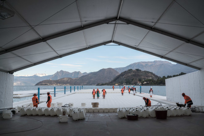 Floating Piers, floating walkway, floating docks, Christo, Jeanne-Claude, art installation, art, art project, project, Italy, Lake Iseo, fabric, yellow fabric, cubes, poly-ethylene cubes, collage